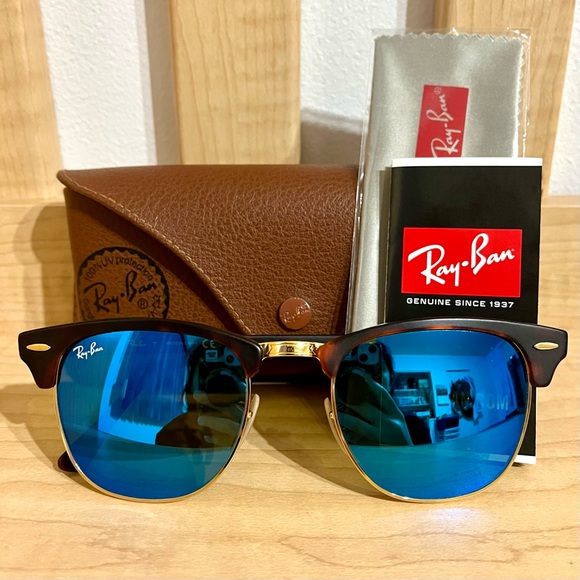 Ray-Ban Accessories - RAY BAN Clubmaster RB3016 Blue Flash Mirror Matte Brown Gold Metal Frames Unisex